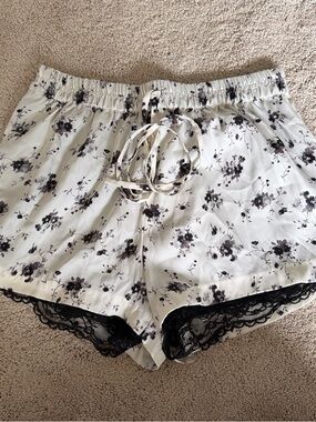 Zara White Satin Floral Sleep Shorts with Black Lace